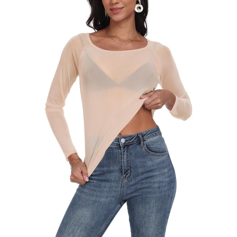 Women's Mesh Long Sleeve Sheer Top Fitted Crewneck Club Party Blouse